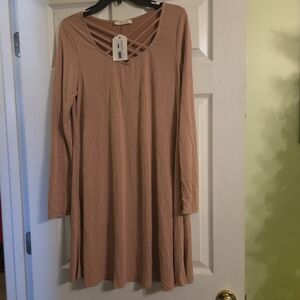 Blush Long Sleeve Dress with Criss-Cross Neckline